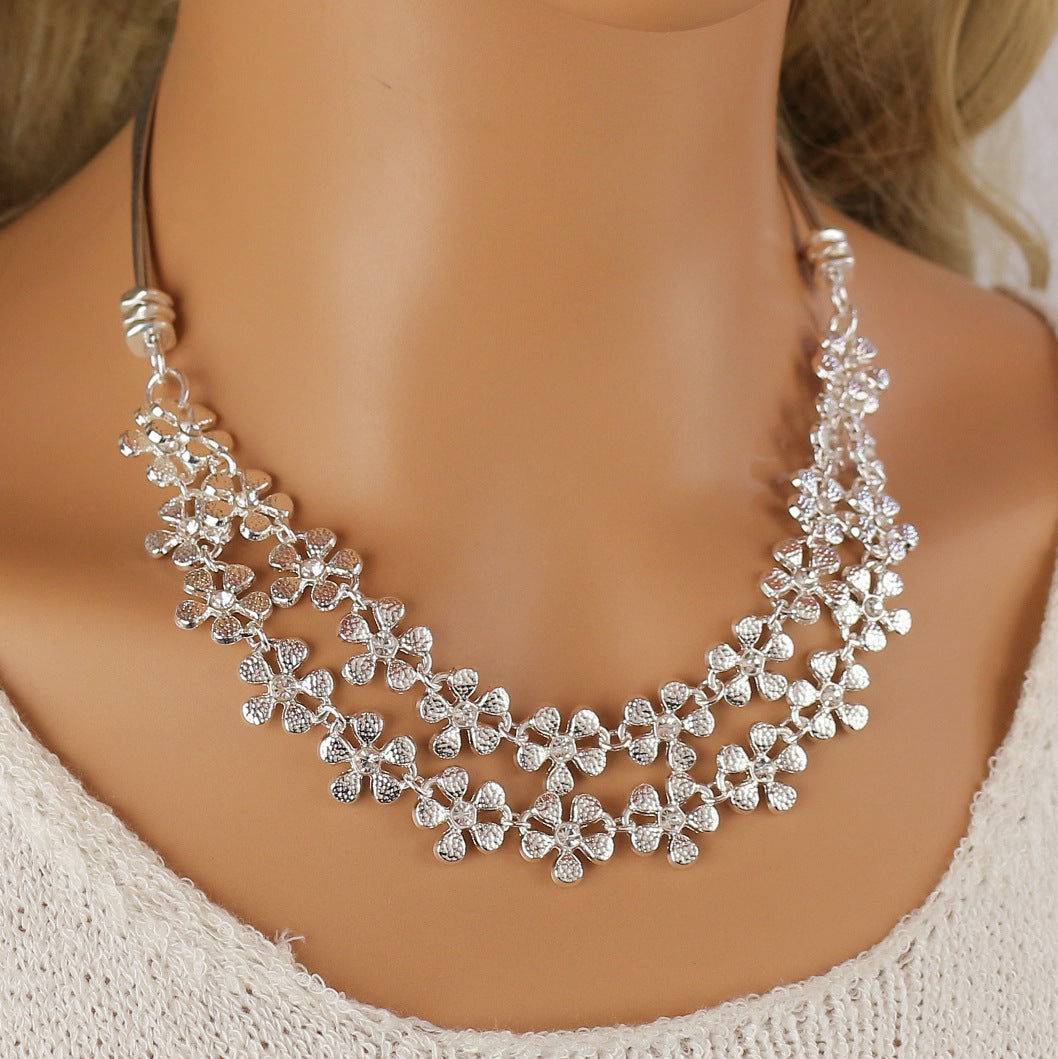 Alloy Diamond - Dotted Flower Layered Necklace
