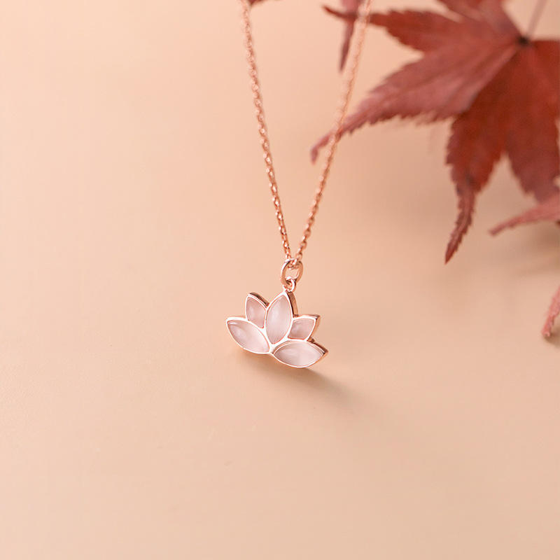 YT 925 Sterling Silver Lotus Flower Pendant Necklace Rose Gold Plated Jade Jewelry for Women