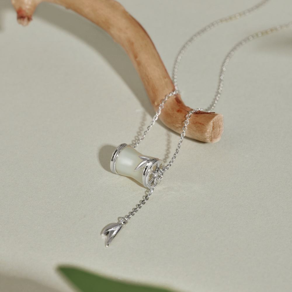 YT Chinese Style Elegant Design Plated Link Chain Hetian Jade Bamboo Pendant Necklace for Women