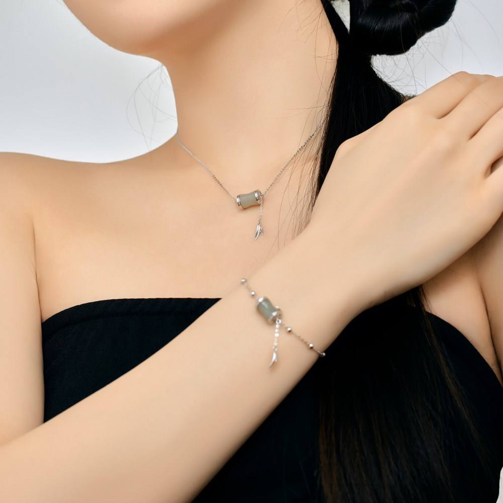 YT Chinese Style Elegant Design Plated Link Chain Hetian Jade Bamboo Pendant Necklace for Women