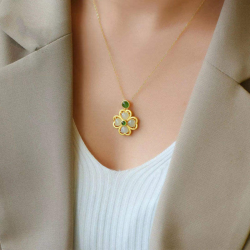 YT Green jade white lanolin jade clove drop long gold link chain for women