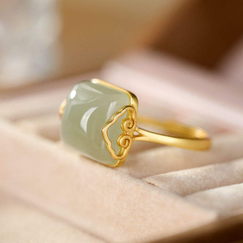 YT S925 Sterling Silver Xiangyun Hetian jade lady temperament simple retro elegant open jade ring