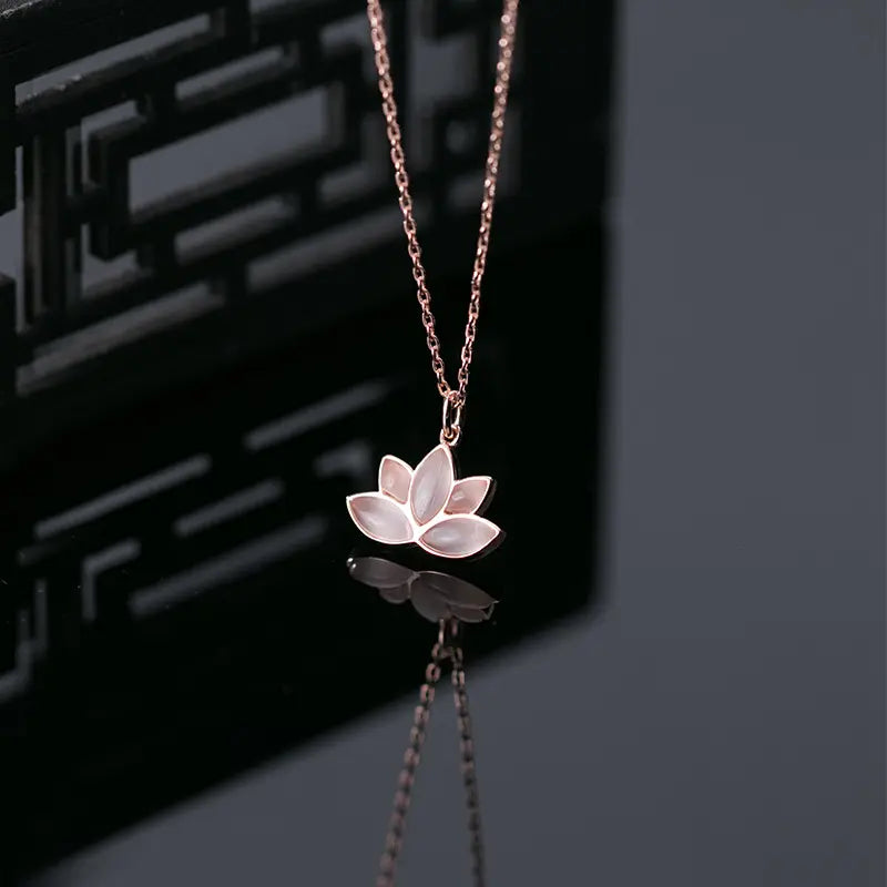 YT 925 Sterling Silver Lotus Flower Pendant Necklace Rose Gold Plated Jade Jewelry for Women
