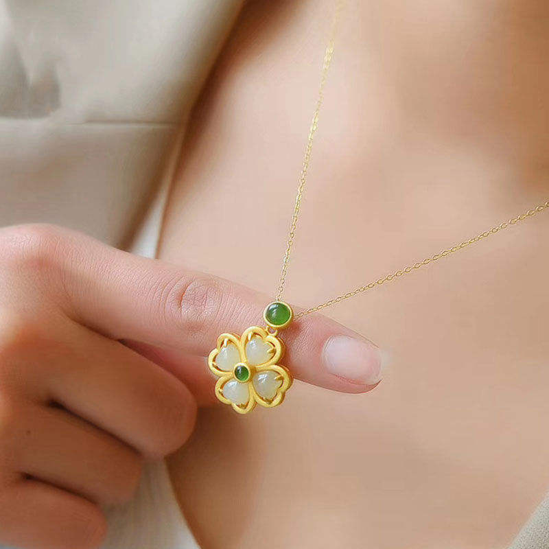 YT Green jade white lanolin jade clove drop long gold link chain for women