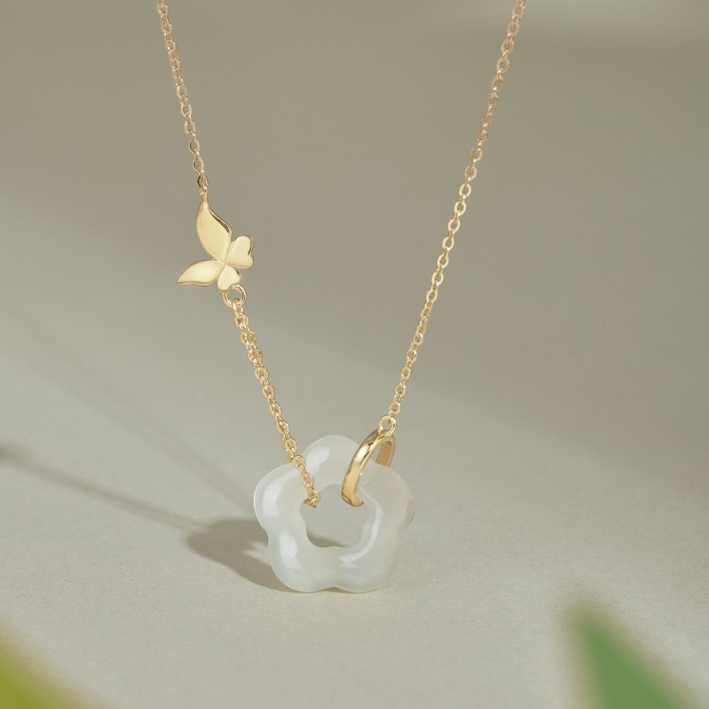 YT Chinese Style Design S925 Silver 22K Gold Butterfly Flower Shape Hetian Jade Pendant Necklaces