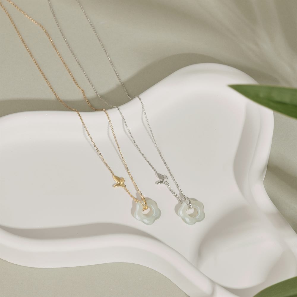 YT Chinese Style Design S925 Silver 22K Gold Butterfly Flower Shape Hetian Jade Pendant Necklaces
