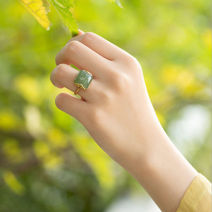 YT S925 Sterling Silver Xiangyun Hetian jade lady temperament simple retro elegant open jade ring