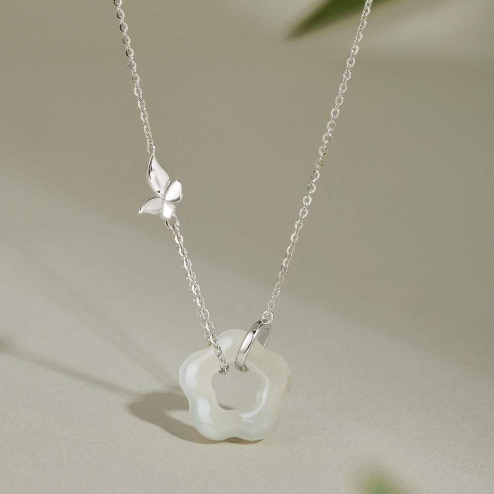 YT Chinese Style Design S925 Silver 22K Gold Butterfly Flower Shape Hetian Jade Pendant Necklaces