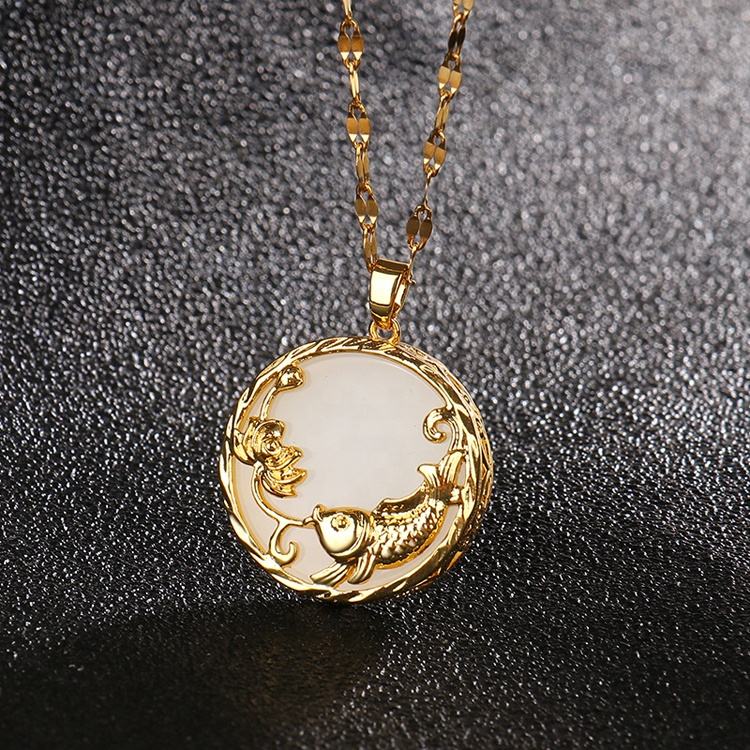 YT Vintage Gold Plated Green Gemstone Lucky Fish Pendant Necklace Koi Fish Jade Necklace