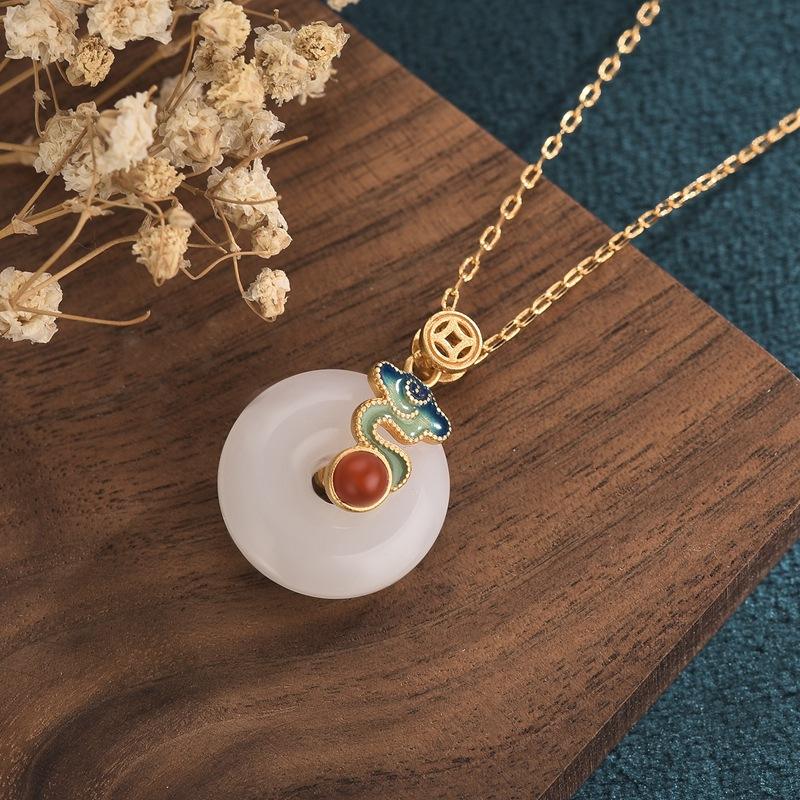 YT Chinese Ethnic White Jade Necklace Jewelry Women Gold Plated Auspicious Cloud Round Pendant Necklace