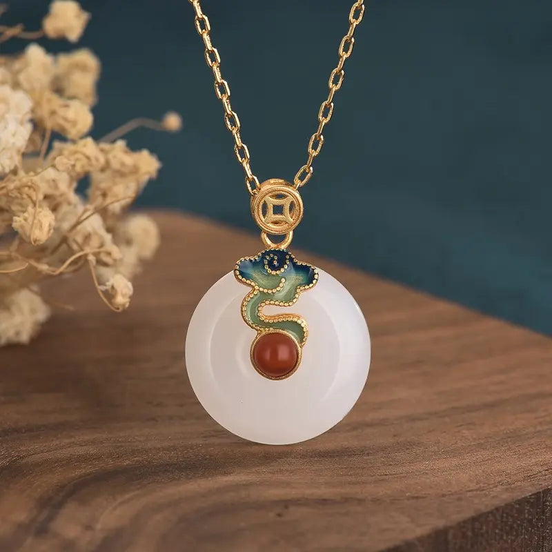 YT Chinese Ethnic White Jade Necklace Jewelry Women Gold Plated Auspicious Cloud Round Pendant Necklace