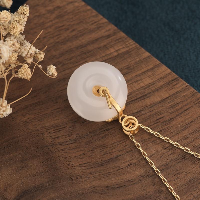 YT Chinese Ethnic White Jade Necklace Jewelry Women Gold Plated Auspicious Cloud Round Pendant Necklace