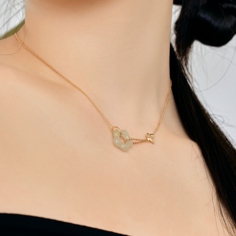 YT Chinese Style Design S925 Silver 22K Gold Butterfly Flower Shape Hetian Jade Pendant Necklaces
