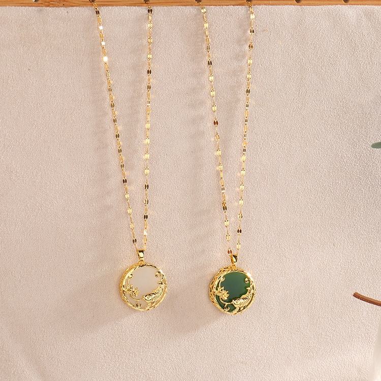YT Vintage Gold Plated Green Gemstone Lucky Fish Pendant Necklace Koi Fish Jade Necklace