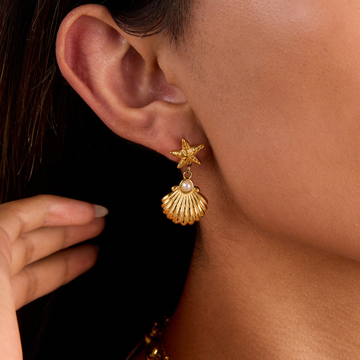 Stainless Steel Starfish & Imitation Pearl Shell Drop Earrings