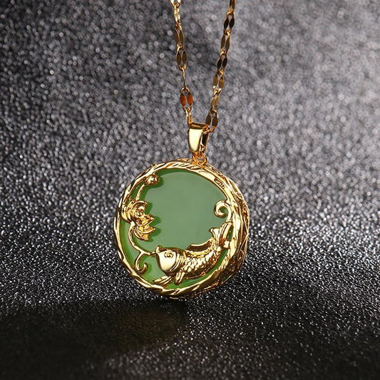 YT Vintage Gold Plated Green Gemstone Lucky Fish Pendant Necklace Koi Fish Jade Necklace