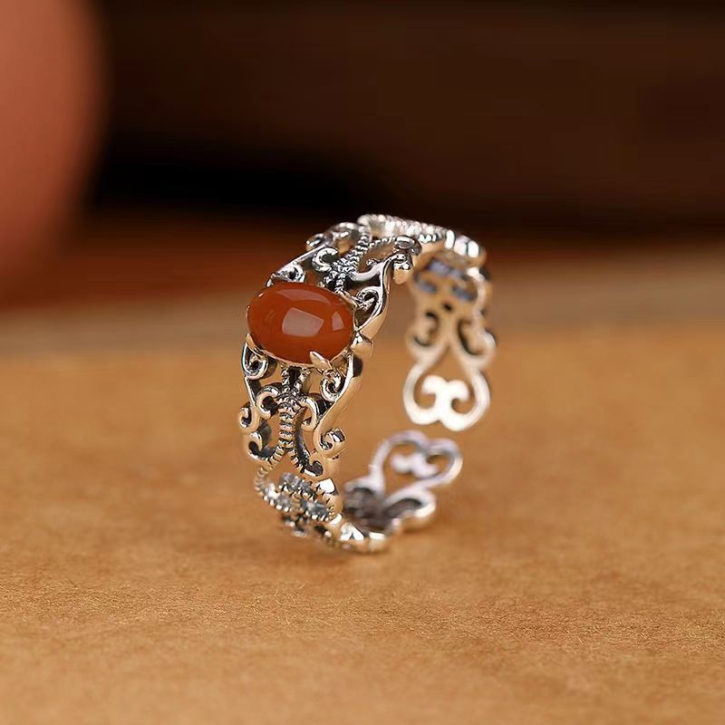 YT Do old vintage hollow ring opening set with south red agate ring