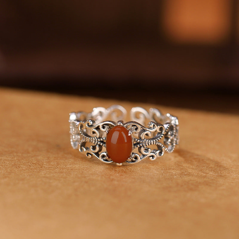 YT Do old vintage hollow ring opening set with south red agate ring