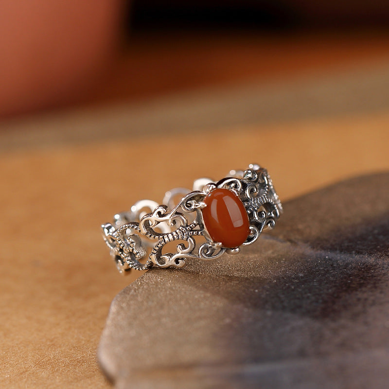 YT Do old vintage hollow ring opening set with south red agate ring