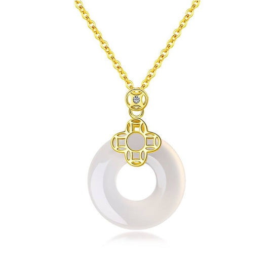 YT S925 Silver Lucky Buckle Hollow Round Pendant Luxury 18K Gold Plated Hotan Jade Necklaces