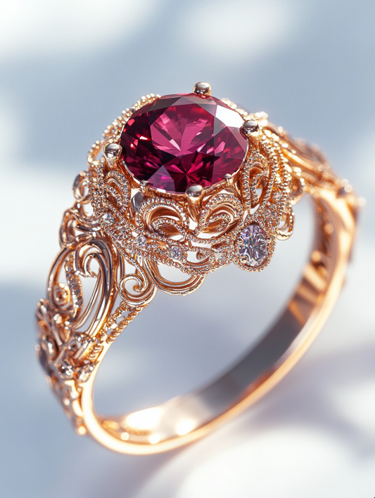 Luxury Vintage Ruby Ring in 14K Rose Gold Beautifully Engraved Design Women's Engagement Ring